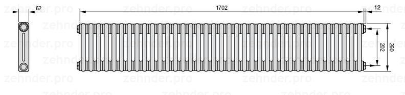 Схема (чертеж) Радиатор Zehnder Charleston 2026/37 №7610 Белый глянцевый RAL 9016